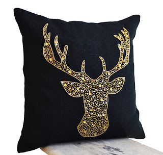 Christmas decor pillow in black burlap with gold moose sequins and beads embroidery