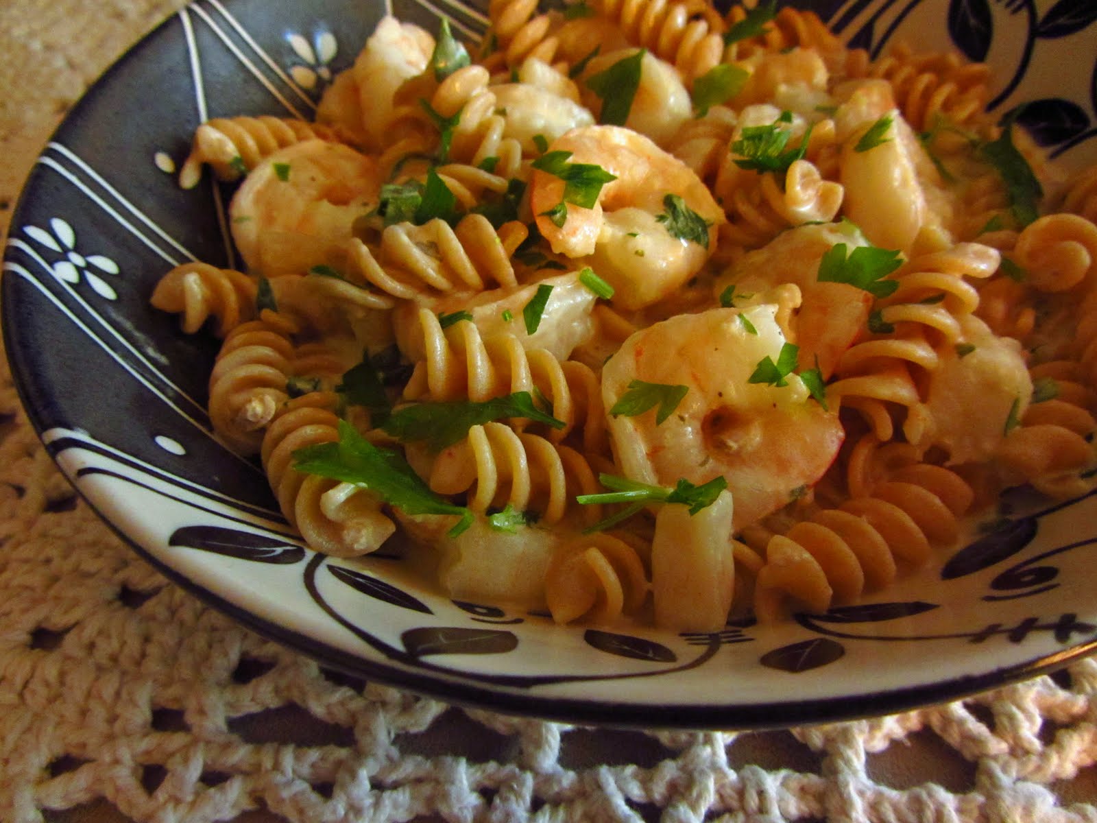 Kat's Town Whole Grain pasta with Light Clam & Shrimp sauce