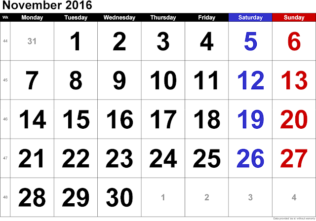 November 2016 Calendar with Canadian Holidays Free, November 2016 Printable Calendar Cute Word Excel PDF Template Download Monthly, November 2016 Blank Calendar Weekly