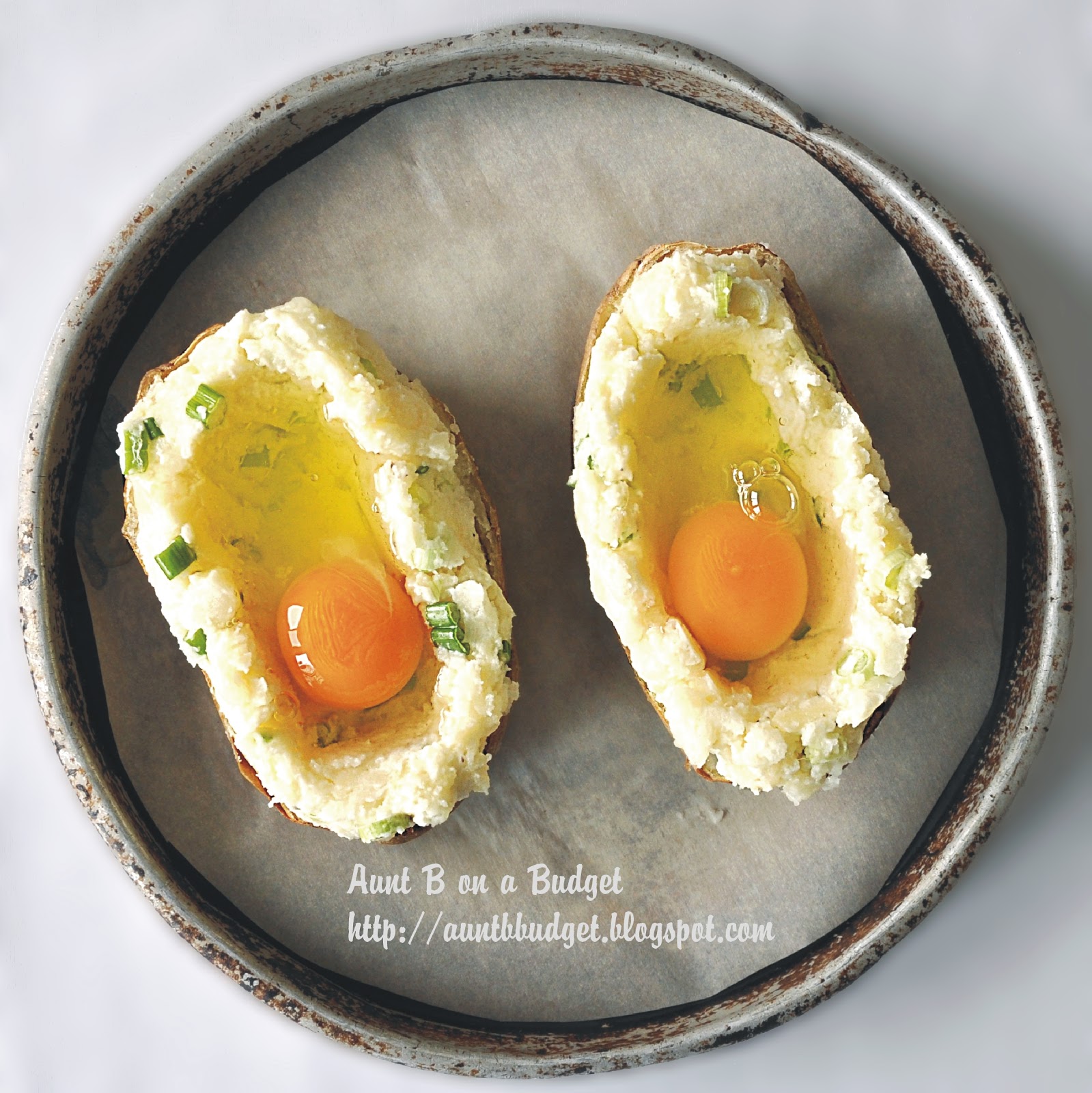 Aunt B on a Budget Baked Egg Stuffed Potatoes