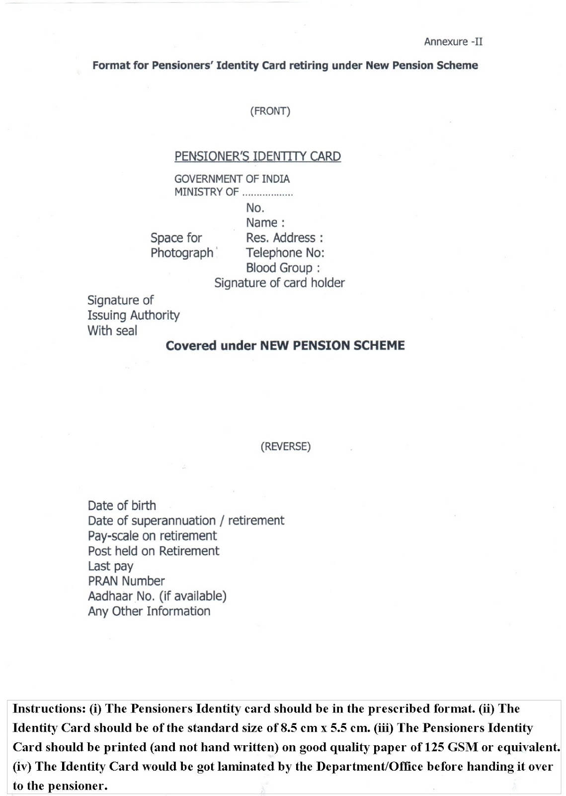 Pensioners Identity Card Revised Format under CCS Pension Rules 1972 & New Pension Scheme