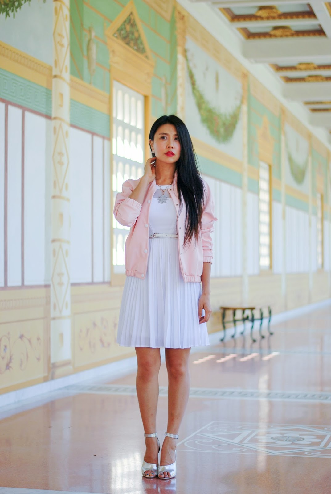 jenny wu of goodbadandfab.com is wearing xoxo white dress boohoo pink bomber jacket 3.1 phillip lim cody silver heels