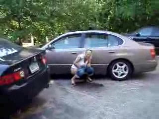 Slut caned outside near car