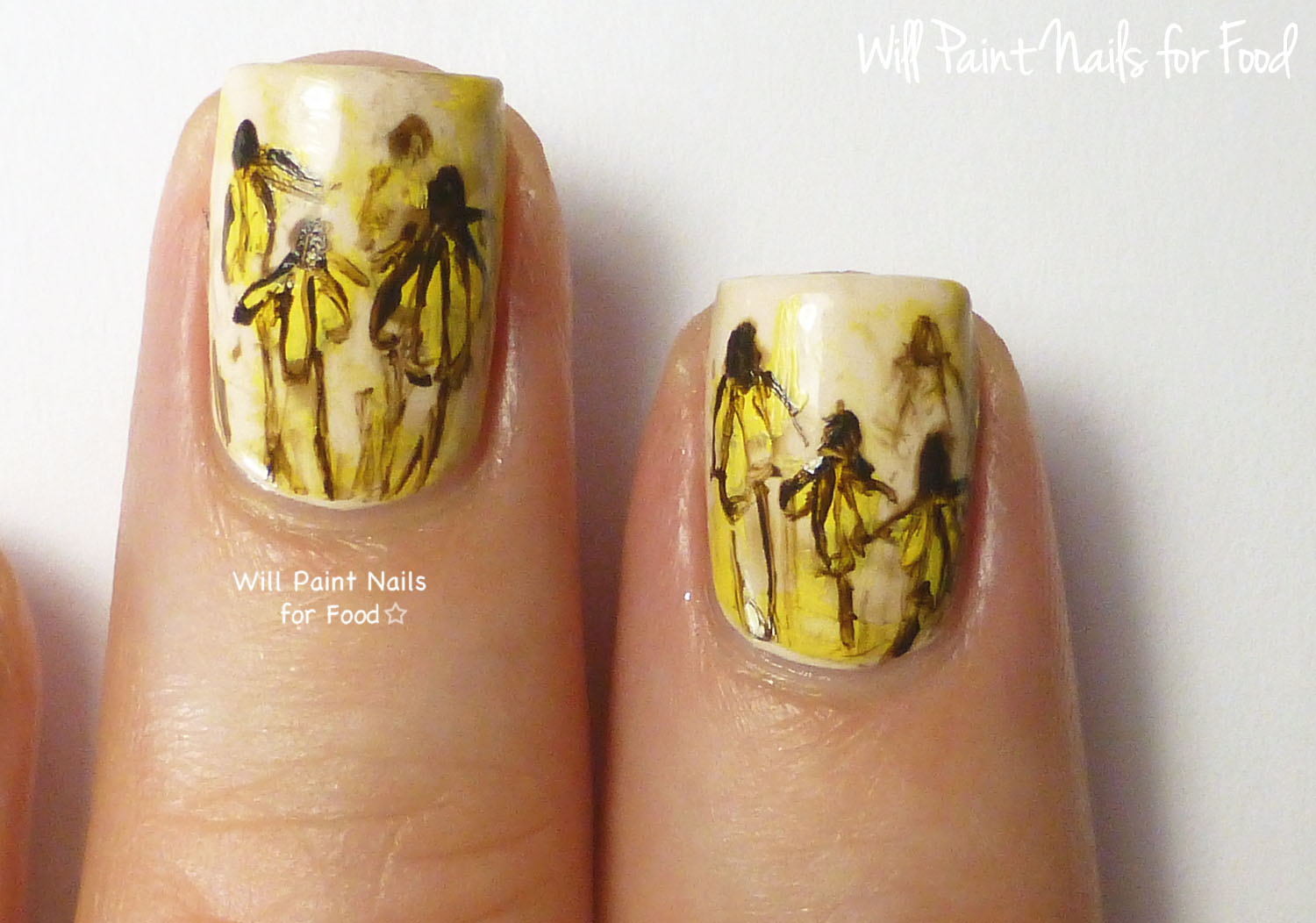 Cone flowers freehand nail art (detail)