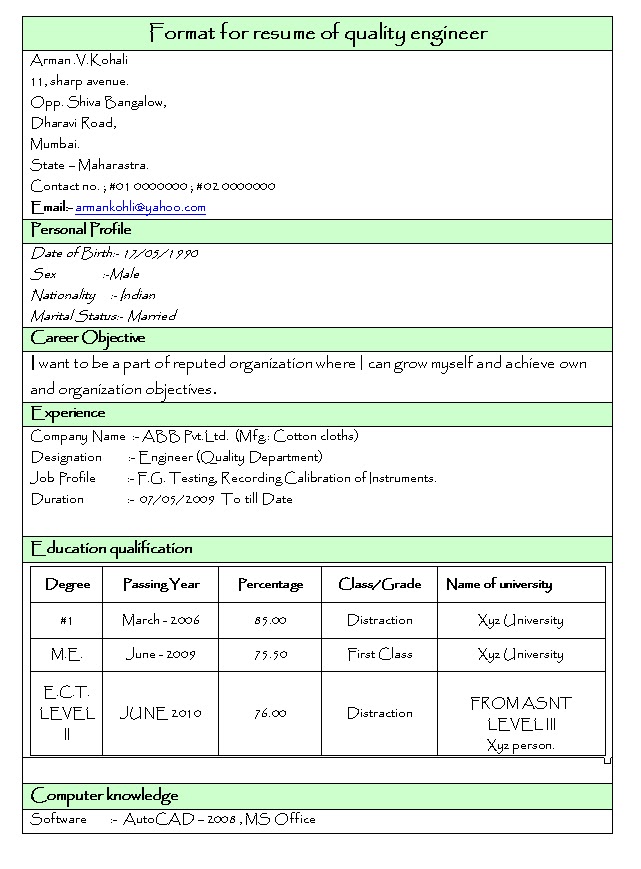 engineering resume format download pdf