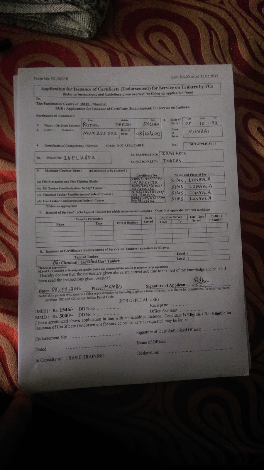 MERCHANT NAVY DANGEROUS CARGO ENDORSEMENT CERTIFICATE, IMEI MUMBAI