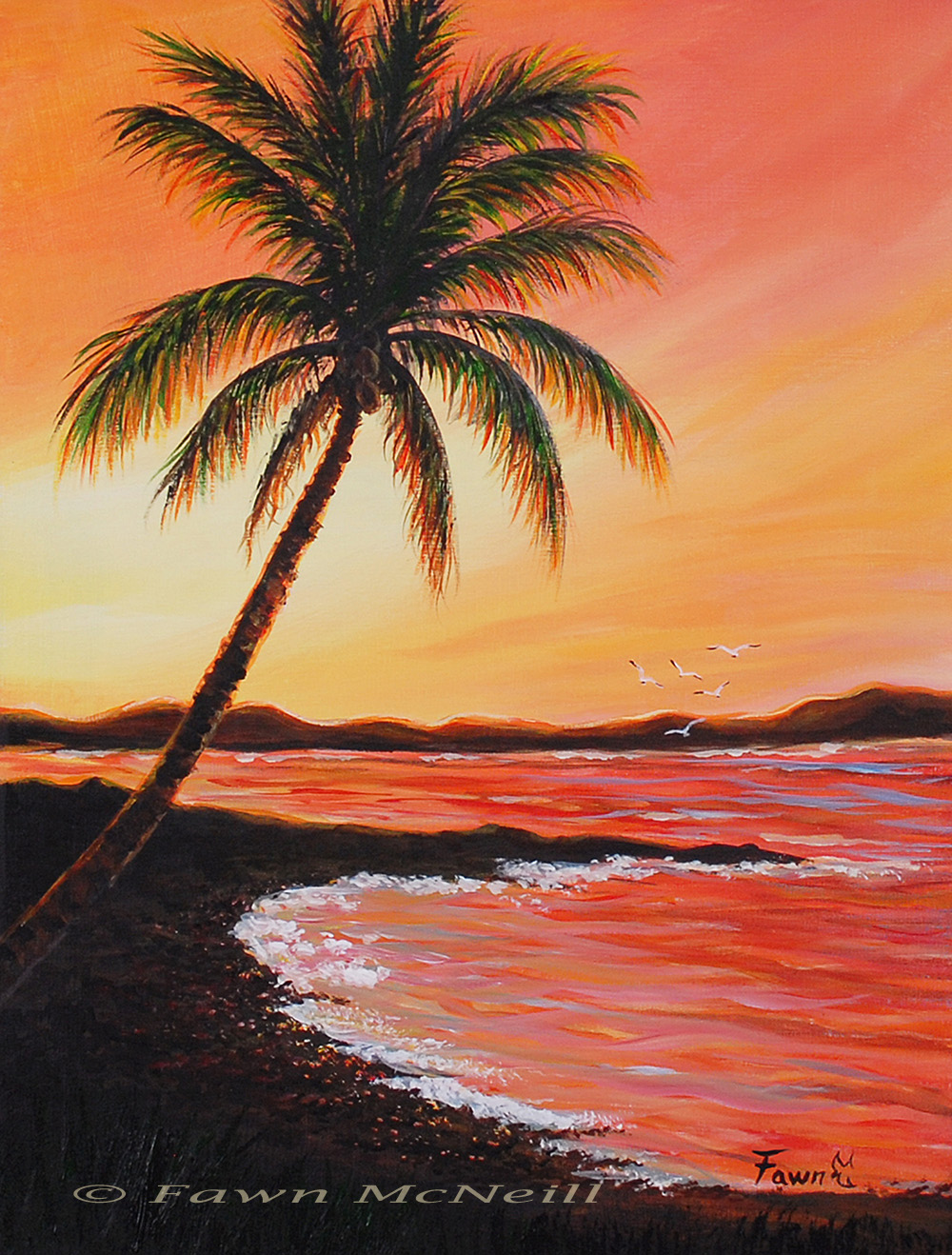 Fawn's Paintings Palm at Sunset, beach, demo painting
