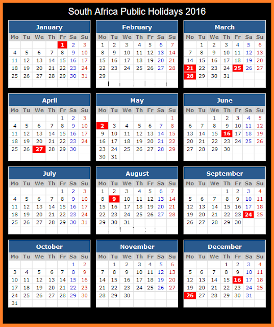 2016 Calendar Printable with South Africa Holidays, 2016 South African Calendar with Public Holidays, south african calendar 2016 template download free, 2016 south Africa calendar word pdf excel
