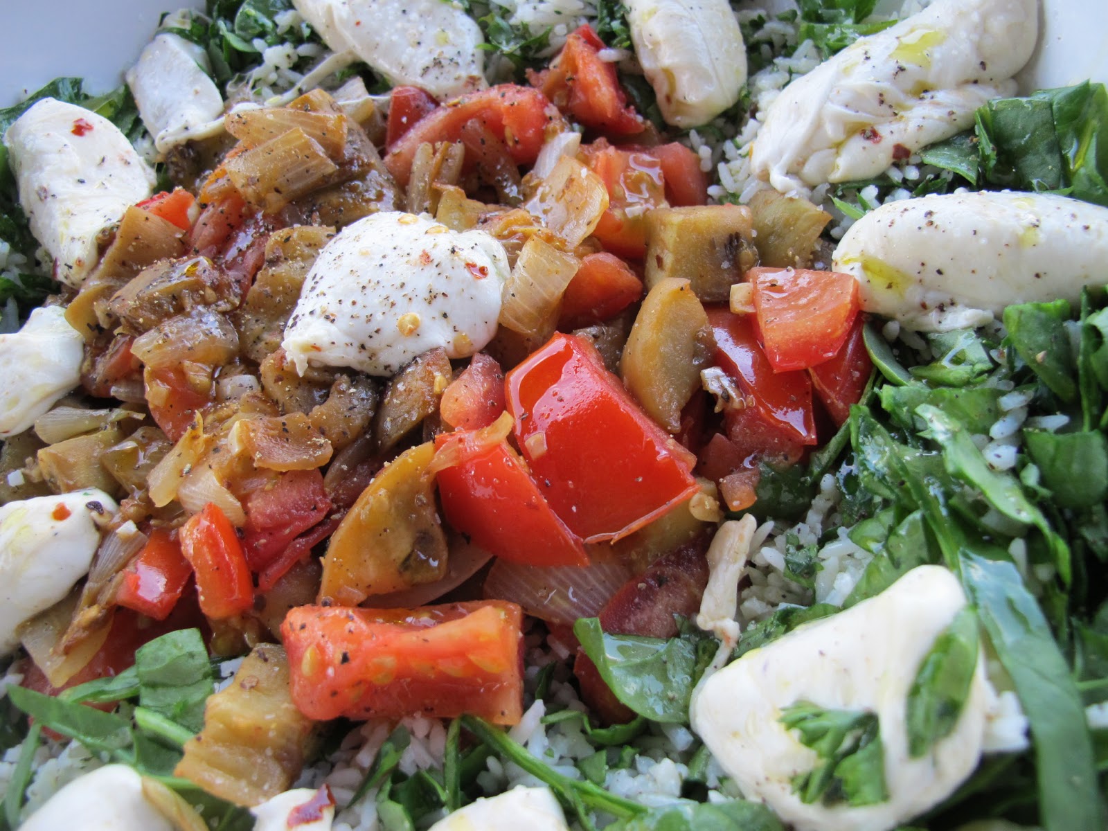 MORE TIME AT THE TABLE EggplantTomato Salad on Mint Rice with Warmed