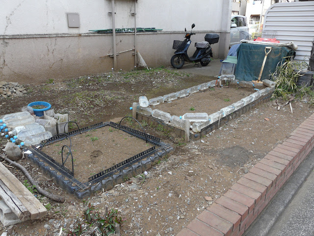 Canteiros feitos com garrafas PET recicladas