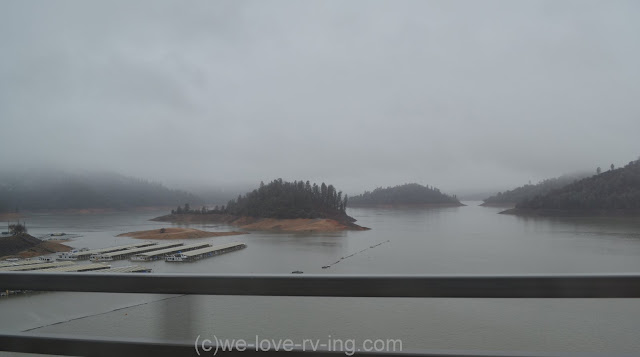 The foggy Lake Shasta is barely visible