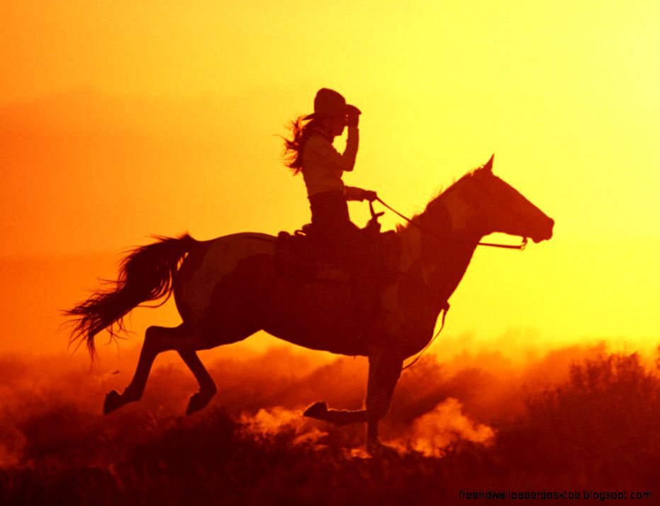 Cowgirls Riding Horses Sunset Cowgirls Riding Horses Sunset