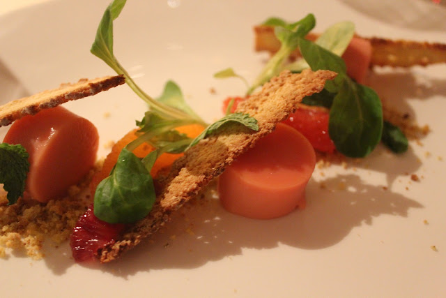 Grapefruit curd, citrus, mache and mint, lemon chamomile biscotti at Harvest, Cambridge, Mass.