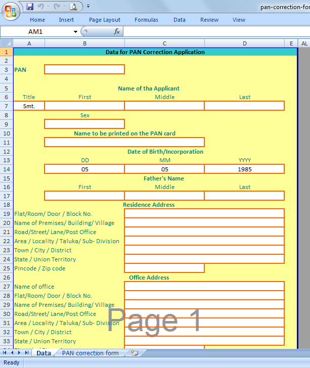 Taxblog India New PAN Correction Form in Excel with auto fill option