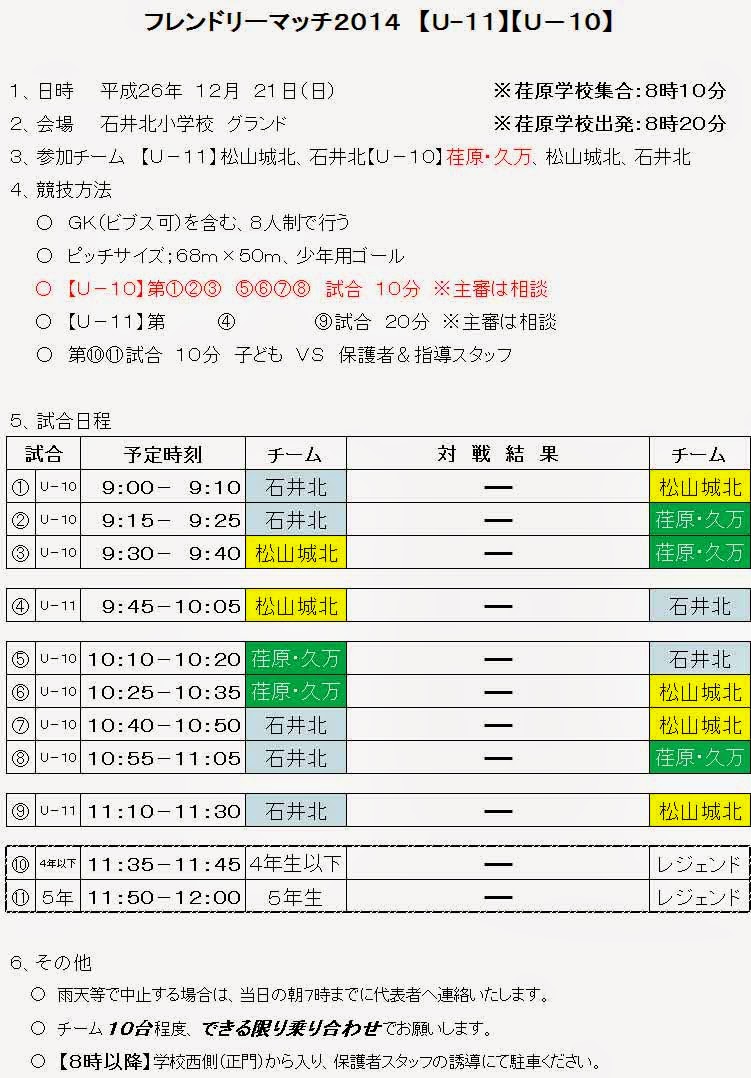 荏原サッカースポーツ少年団 荏原久万サッカースポーツ少年団 石井北フレンドリーマッチ U 10 12 21日程表