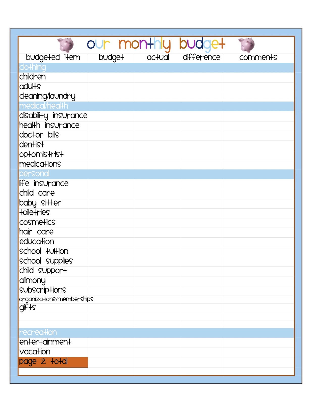 Blank Budget Worksheet