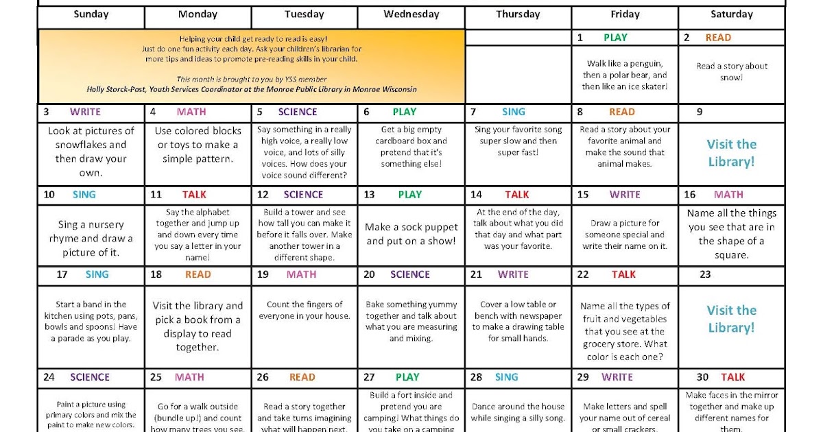 Youth Services ShoutOut YSS Blog 2016 Early Literacy Calendars Available
