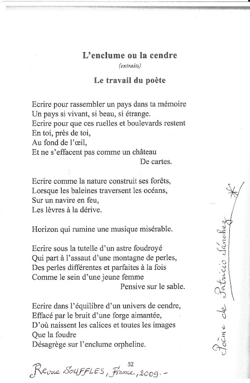 Le travail du poète - Patricio SANCHEZ,  Revue Souffles, France, 2009).