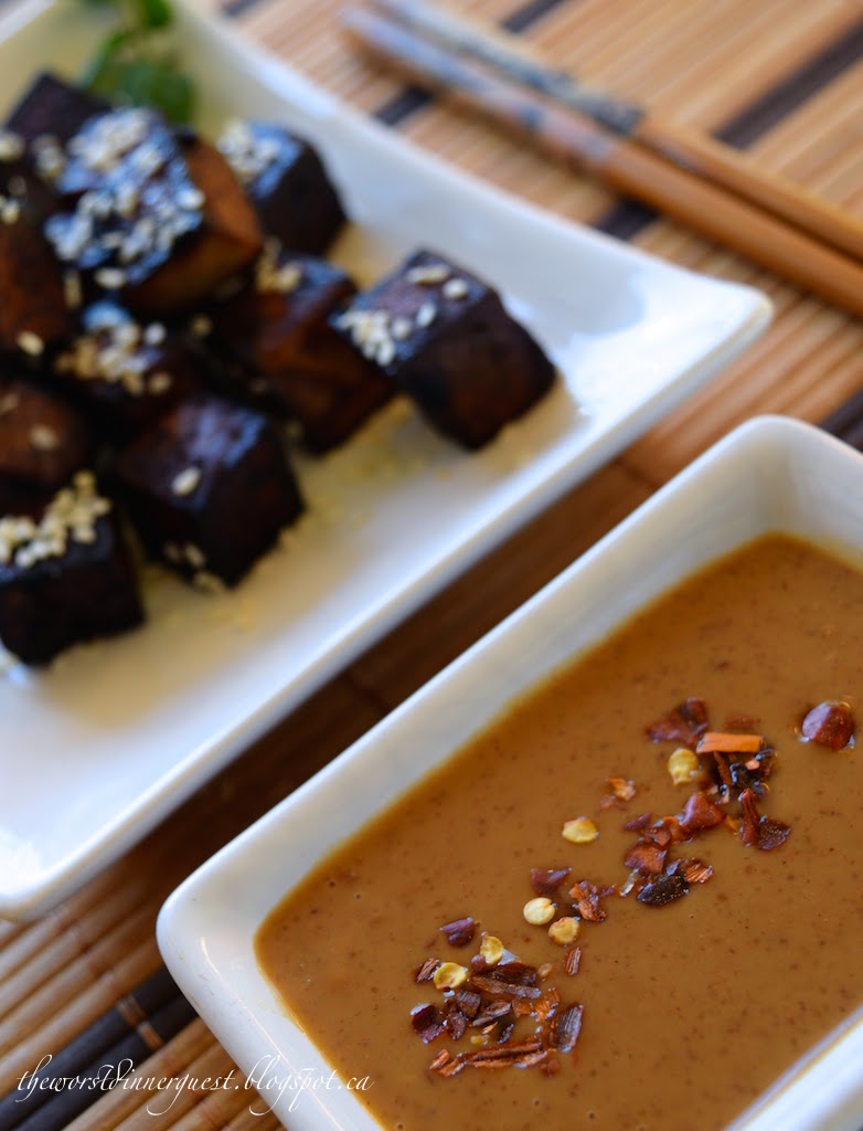 THE WORST DINNER GUEST Marinated Sesame Tofu Bites with Spicy Peanut