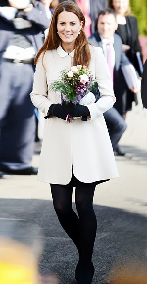Catherine Middleton wears white Goat coat and Topshop dress, March 2013