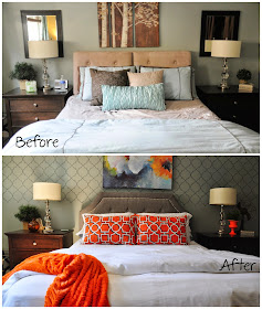 Before and after of a master bedroom makeover from blue and brown to gray and orange :: OrganizingMadeFun.com