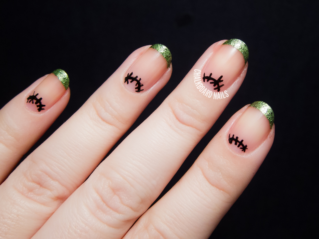 Frankenstein French And Simple Stitched Moons Chalkboard Nails Frankenstein French and Stitched Moons by @chalkboardnails - Frankenstein French And Simple Stitched Moons Chalkboard Nails