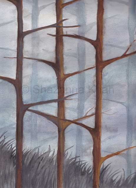 Scanned version of my painting of a Blue-Gray misty forest