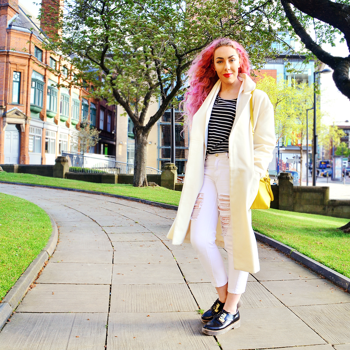 Dressing a long minimal cream coat, In The Style Blazer Jacket, Striped Topshop Top, Boohoo Ripped Jeans, River Island Shoes