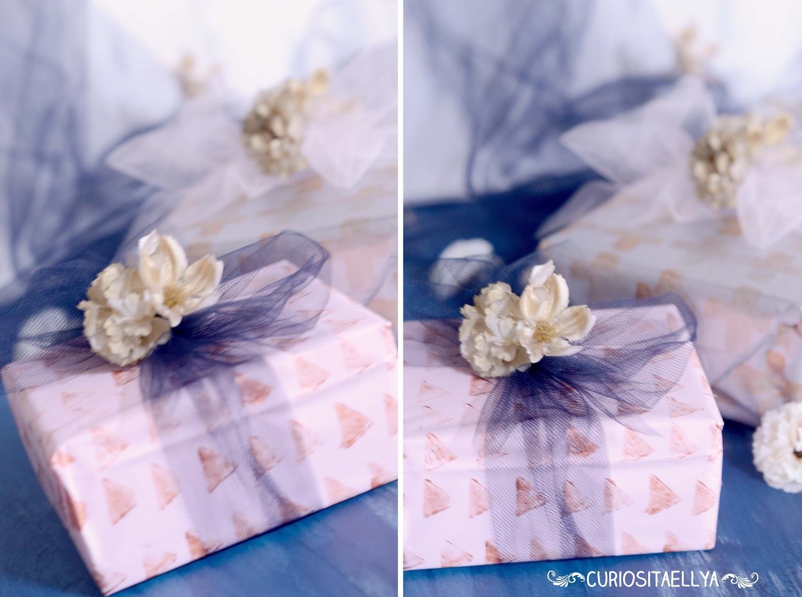 Curiositaellya Home Made Geometric Print and Tulle Bow Gift Wrap {DIY}