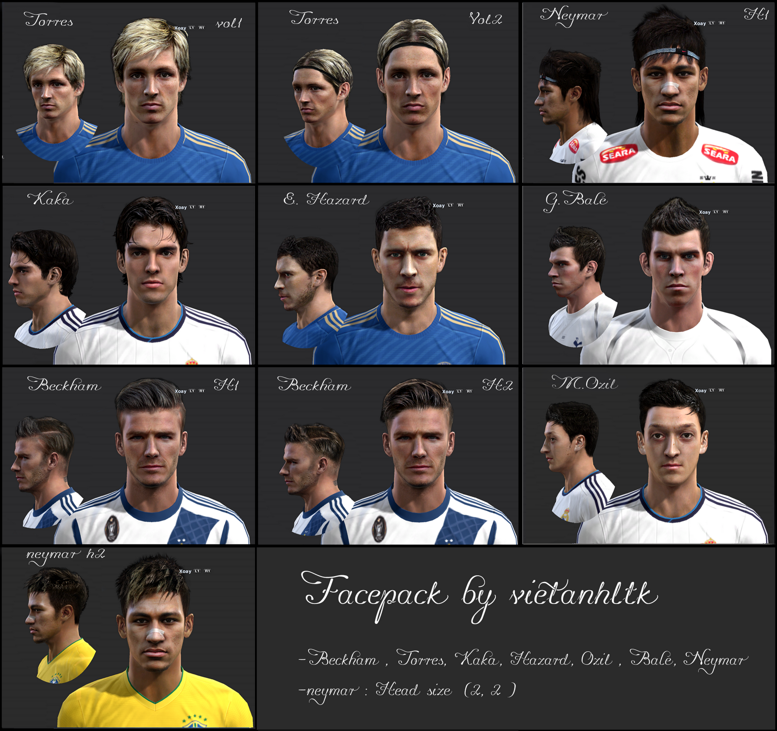 Fernando Torres, Neymar, Kaká, Eden Hazard, Gareth Bale, David Beckham e Mesut Özil Faces - PES 2013