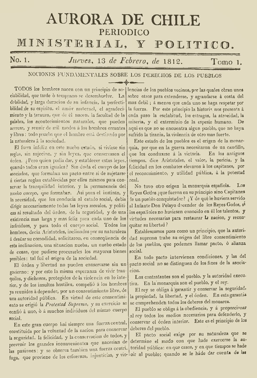 1812, primer número de la Aurora de Chile