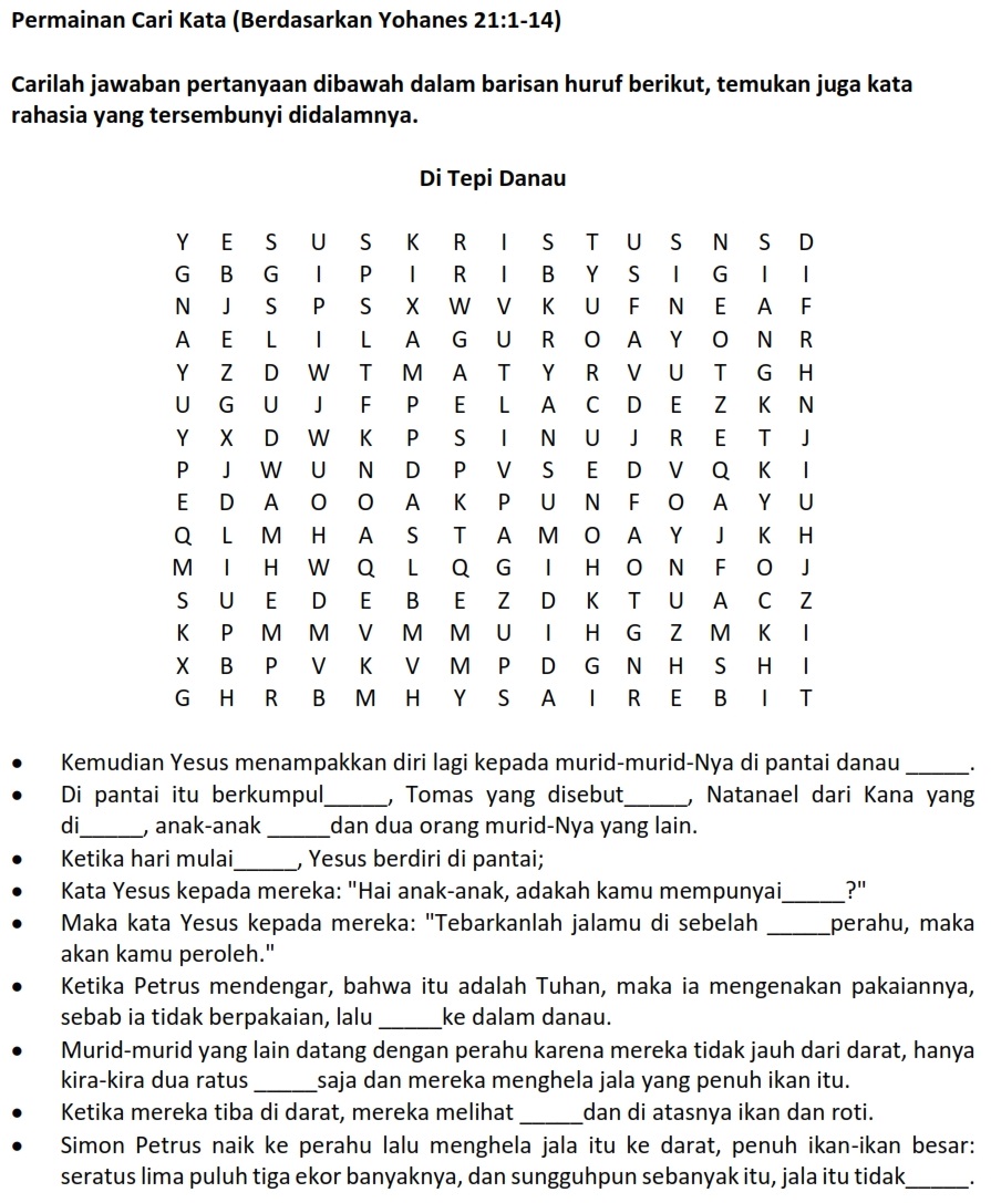 Sekolah Minggu Kreatif: Di Tepi Danau Tiberias (Yohanes 21:1-14)