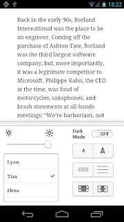 Instapaper for Android lets you change the font type, text-size or use inverted view (white text on dark background). 