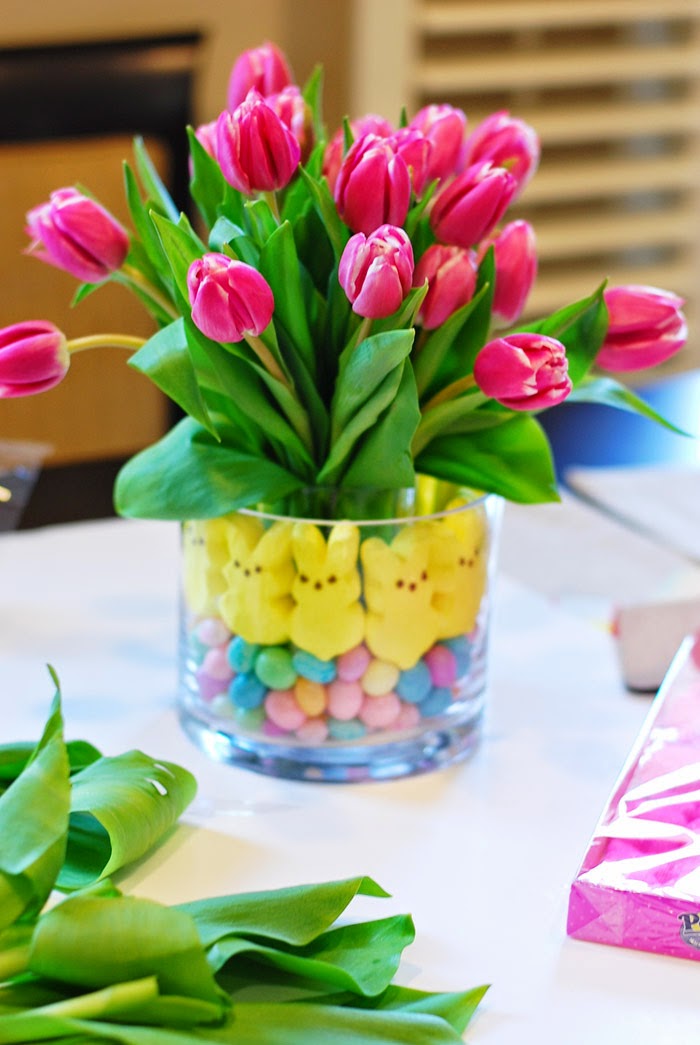 GlamVolution Easter Centerpiece Tulips, Peeps & Jelly Beans
