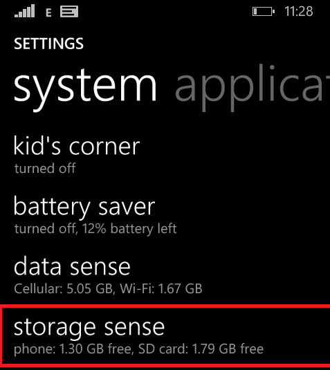 storage sense option on windows phone