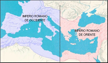 la historia universal: división del imperio romano occidente y oriente