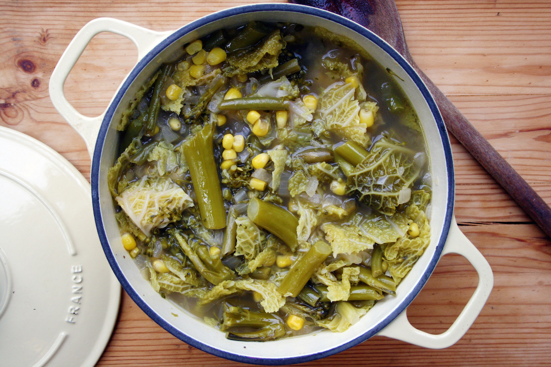 Belleau Kitchen broccoli, green bean, sweetcorn and cabbage soup