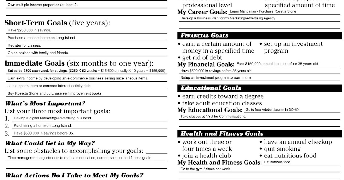 goal worksheet setting responsibility taking own