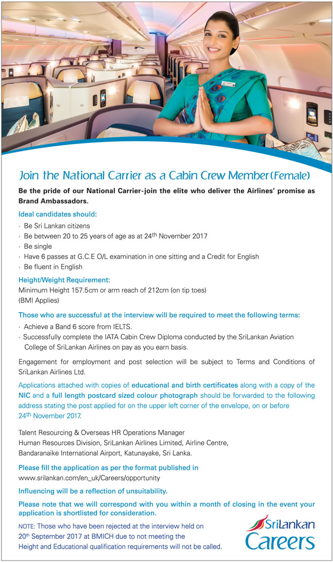 Cabin Crew Member Female Srilankan Airlines Job Vacancies In