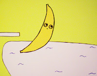 banana jumping into swimming pool with bored/’vaguely distracted’ facial expression