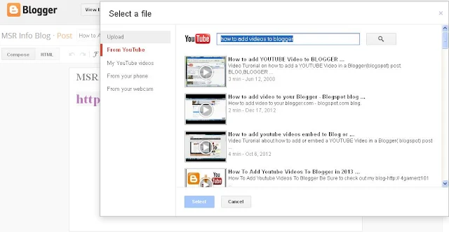 How to add videos to blogger post from youtube