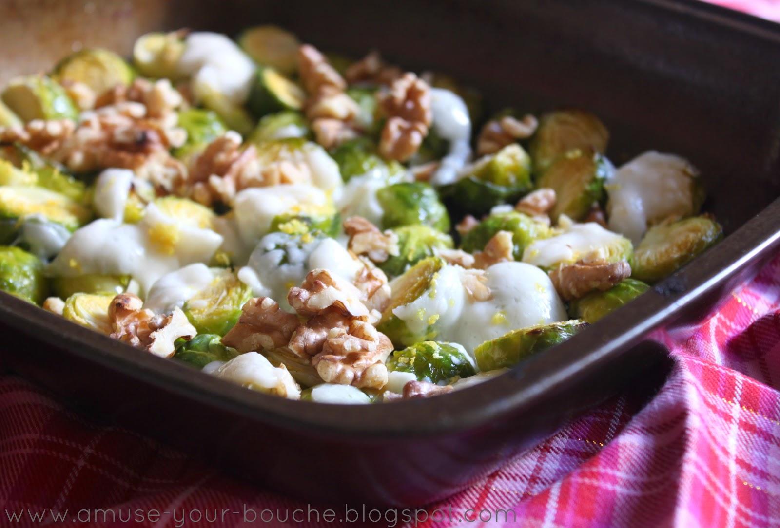 Roasted brussels sprouts with goat's cheese, lemon and walnuts Amuse