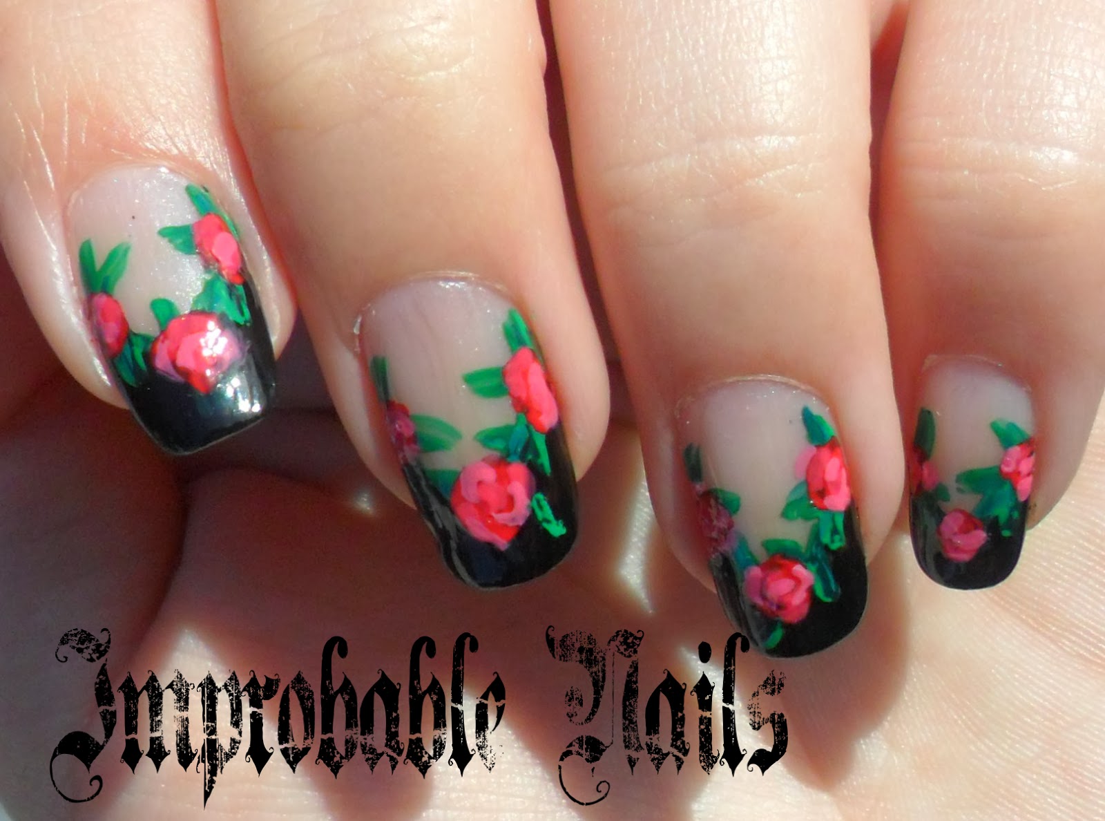 Improbable Nails "Red Roses on Black French" nails (inspired by Robin