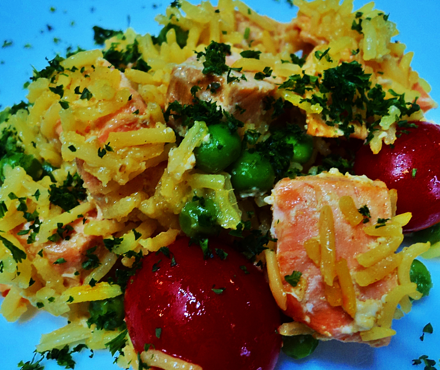 Basmati Rice with Salmon, Saffron, Peas, and Grape Tomatoes