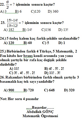 7. Sinif Matematik 2. Dönem 1. Yazılı Soruları Testi - Ödevvar,oguz