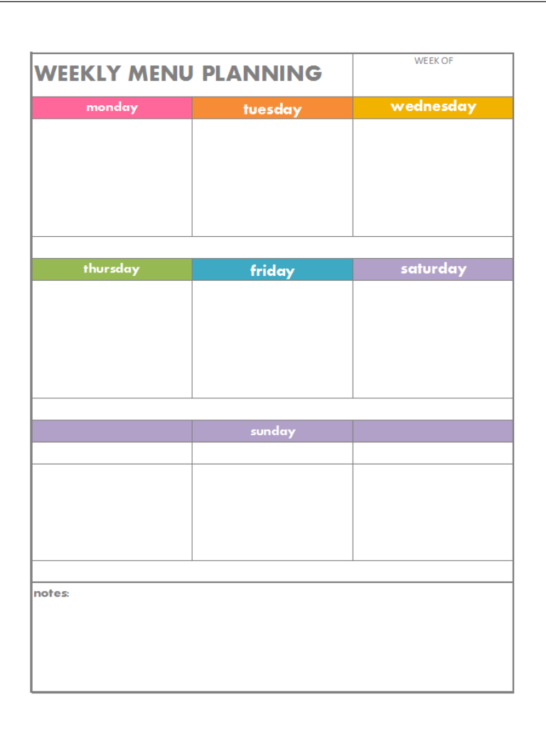 weekly menu plan printable