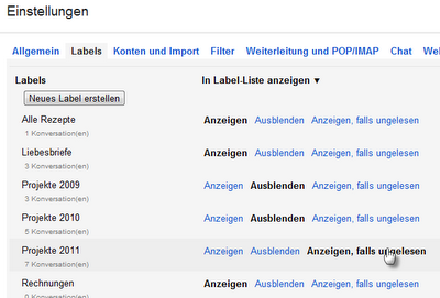 Ein Screenshot zeigt die Einstellungsmöglichkeiten für Labels in Google Mail