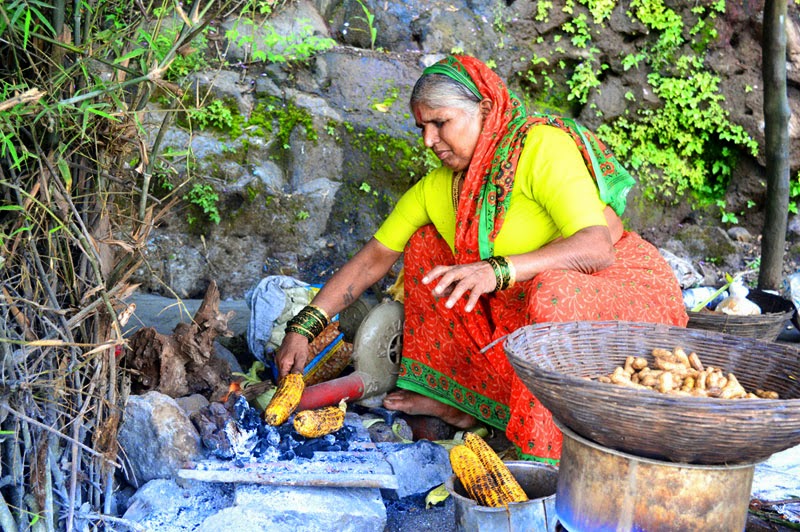 a old women {called mosi in marathi} making bhutta , Maize maize bhutta