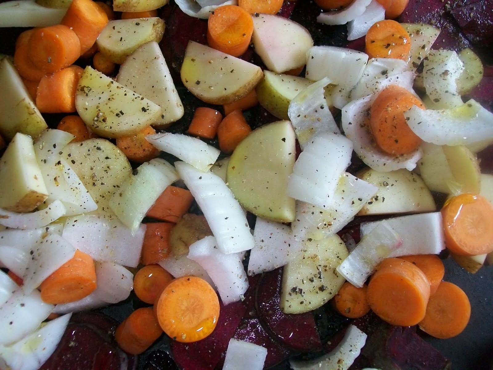 Michigan Cottage Cook ROASTED BEETS WITH CARROTS, POTATOES AND ONION