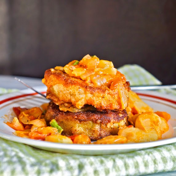 Fried eggplant with sauteed butter beans